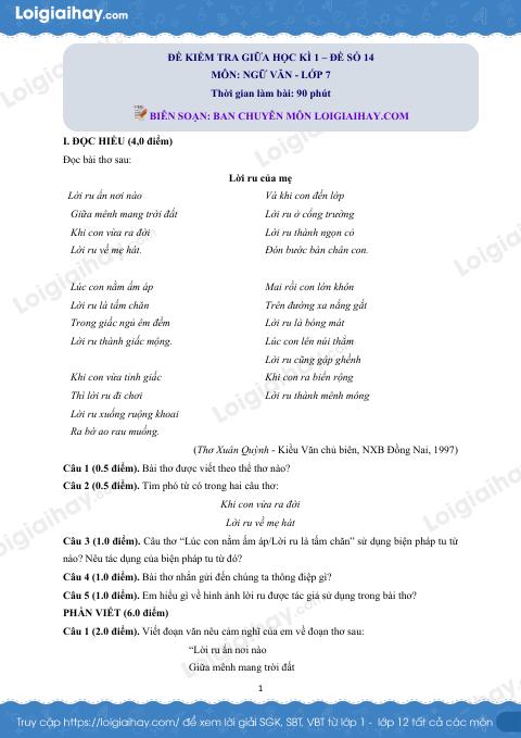 Đề thi giữa kì 1 Văn 7 - Đề số 14